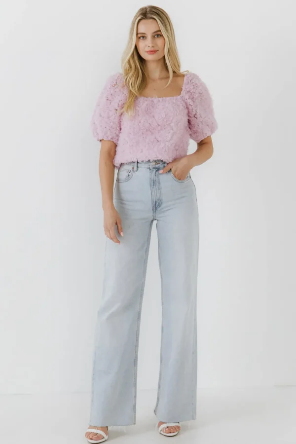 ENDLESS ROSE Tops*- Mesh Fabric Floral Shape Top