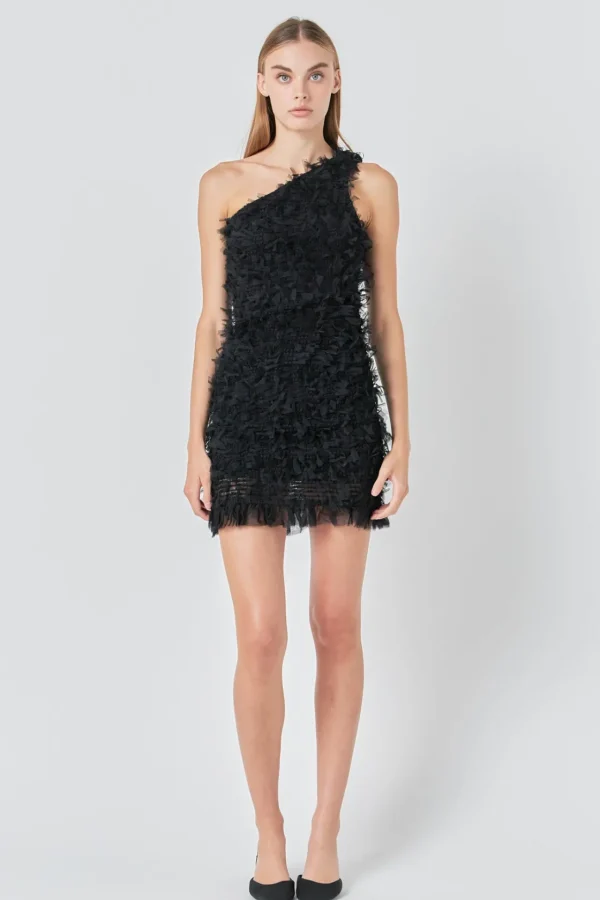 ENDLESS ROSE One Shoulder | Tops*- Mesh Trimmed One Shoulder Mini Dress