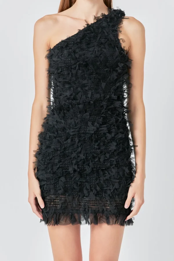 ENDLESS ROSE One Shoulder | Tops*- Mesh Trimmed One Shoulder Mini Dress