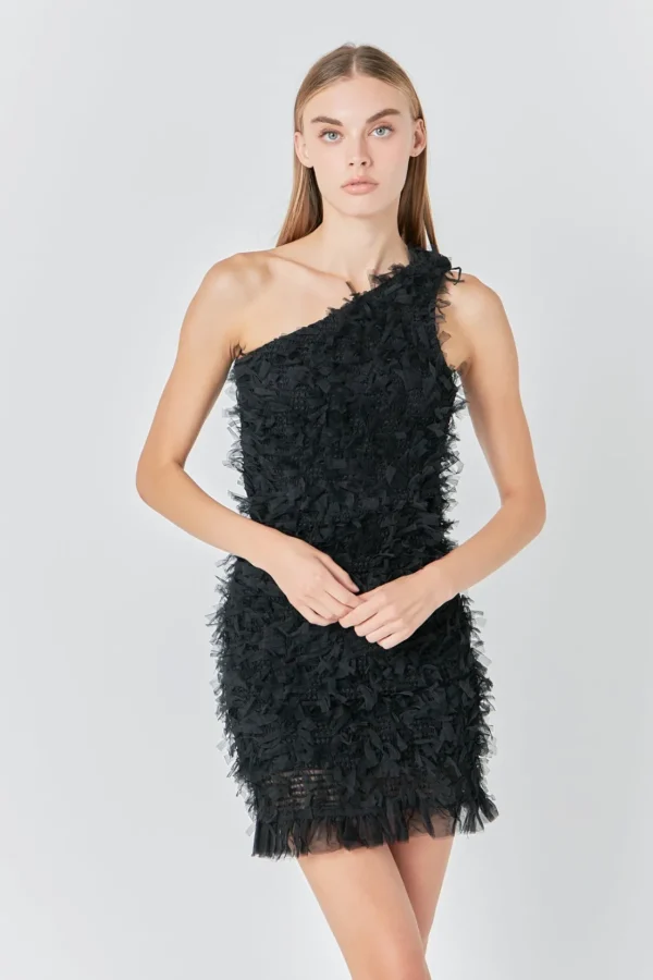 ENDLESS ROSE One Shoulder | Tops*- Mesh Trimmed One Shoulder Mini Dress
