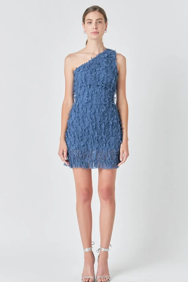 ENDLESS ROSE One Shoulder | Tops*- Mesh Trimmed One Shoulder Mini Dress