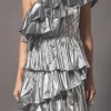 ENDLESS ROSE One Shoulder | Tops*- Metallic Tiered Mini Dress SILVER