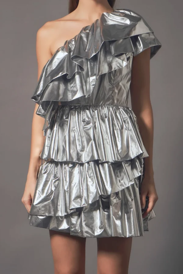 ENDLESS ROSE One Shoulder | Tops*- Metallic Tiered Mini Dress SILVER