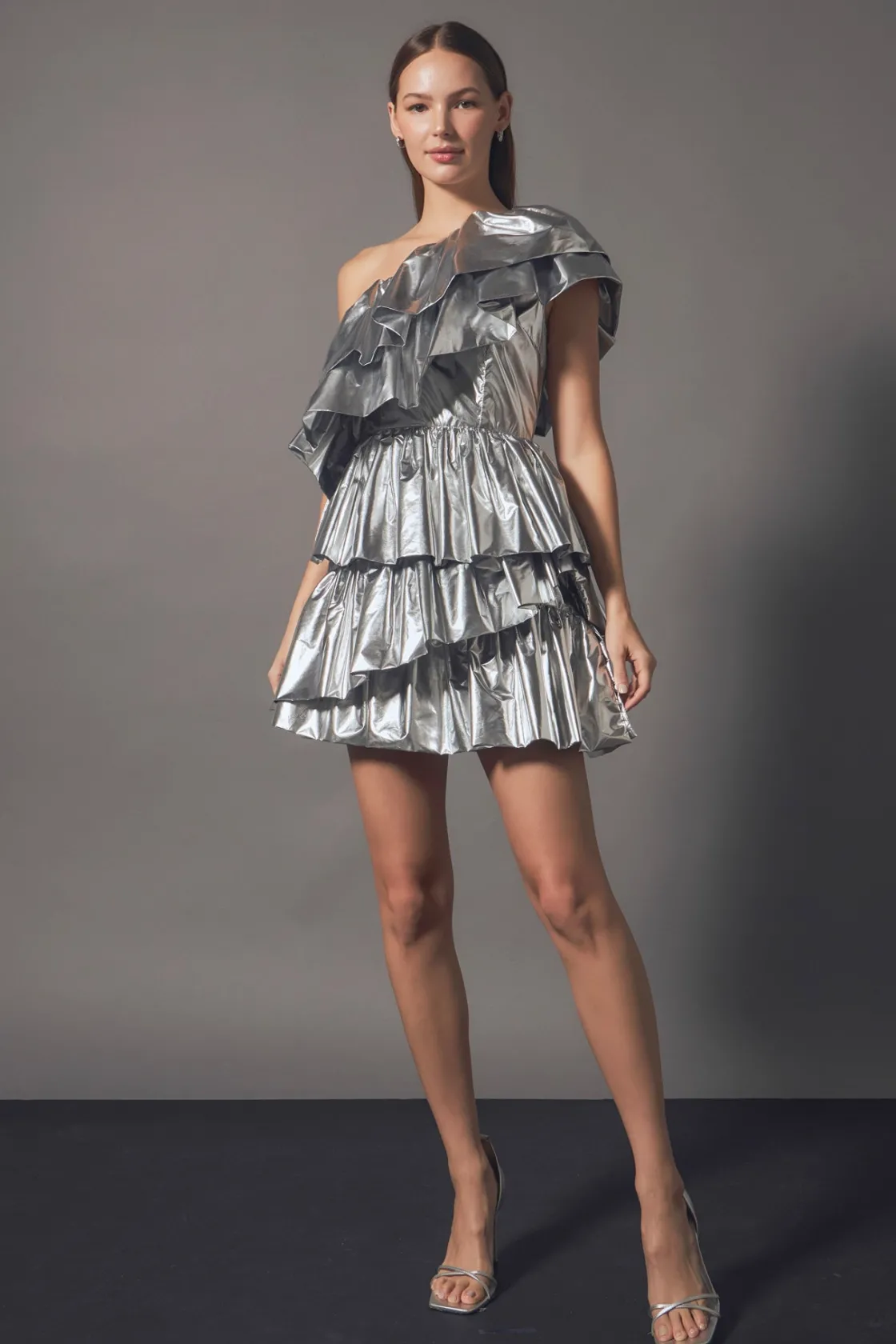 endless_rose__metallic_ti_1-1.webp ENDLESS ROSE One Shoulder | Tops*- Metallic Tiered Mini Dress SILVER