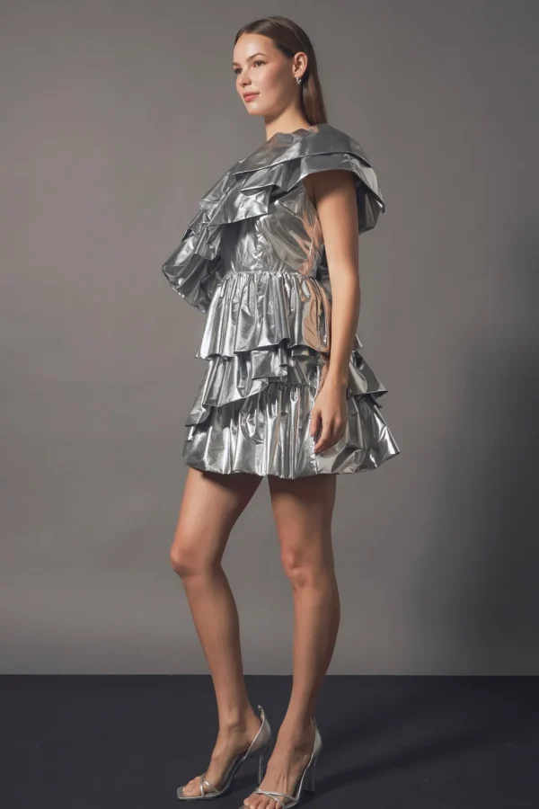 ENDLESS ROSE One Shoulder | Tops*- Metallic Tiered Mini Dress SILVER