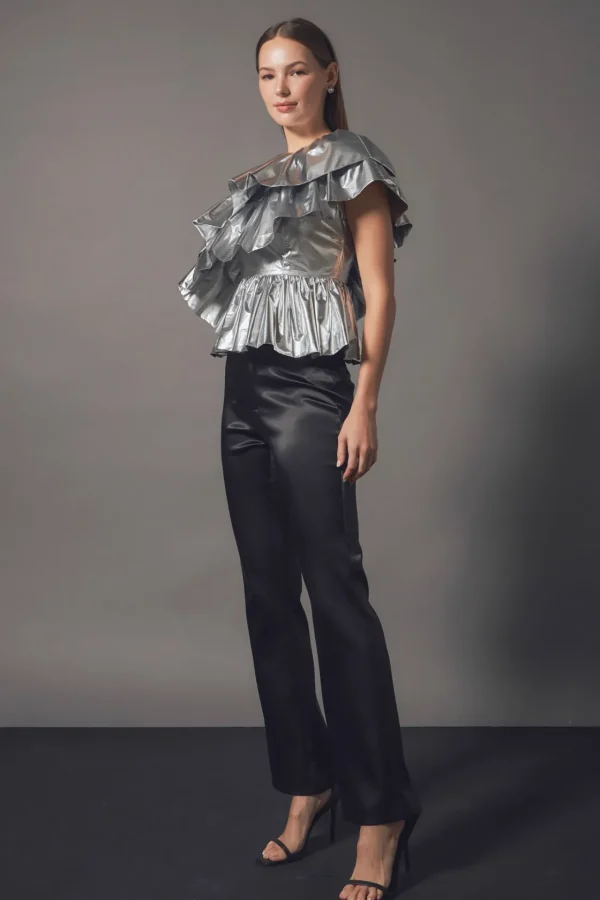 ENDLESS ROSE Tops*- Metallic Tiered Top SILVER