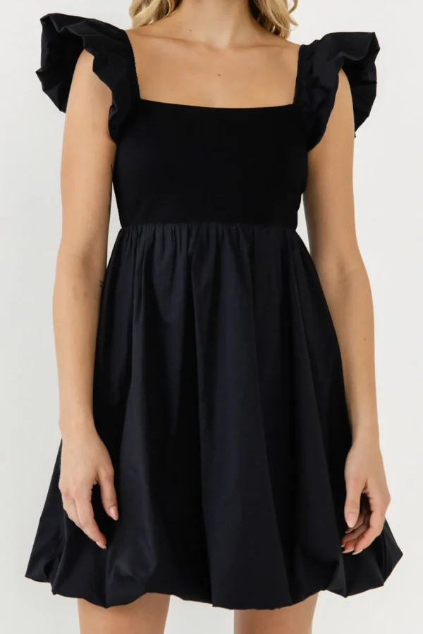 ENDLESS ROSE Little Black Dress | Tops*- Mix Media Balloon Detail Mini Dress BLACK