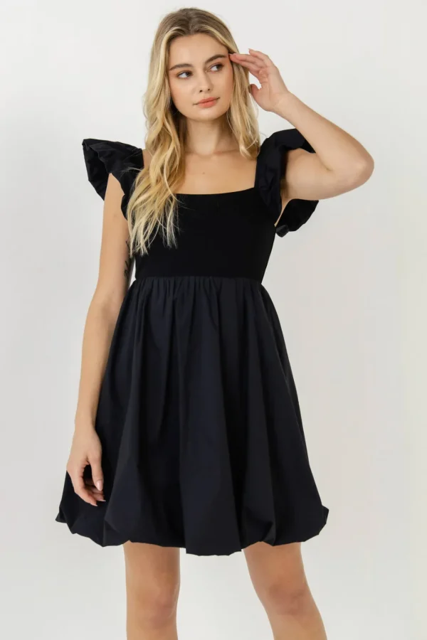 ENDLESS ROSE Little Black Dress | Tops*- Mix Media Balloon Detail Mini Dress BLACK
