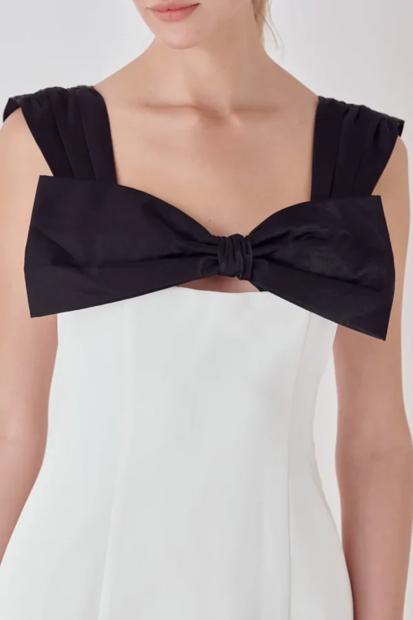 ENDLESS ROSE Tops*- Mixed Media Bow Mini Dress WHITE/BLACK