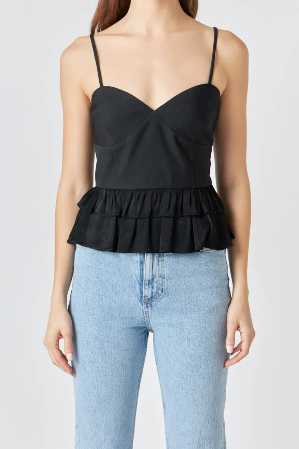 ENDLESS ROSE Tops*- Mixed Media Layered Top BLACK
