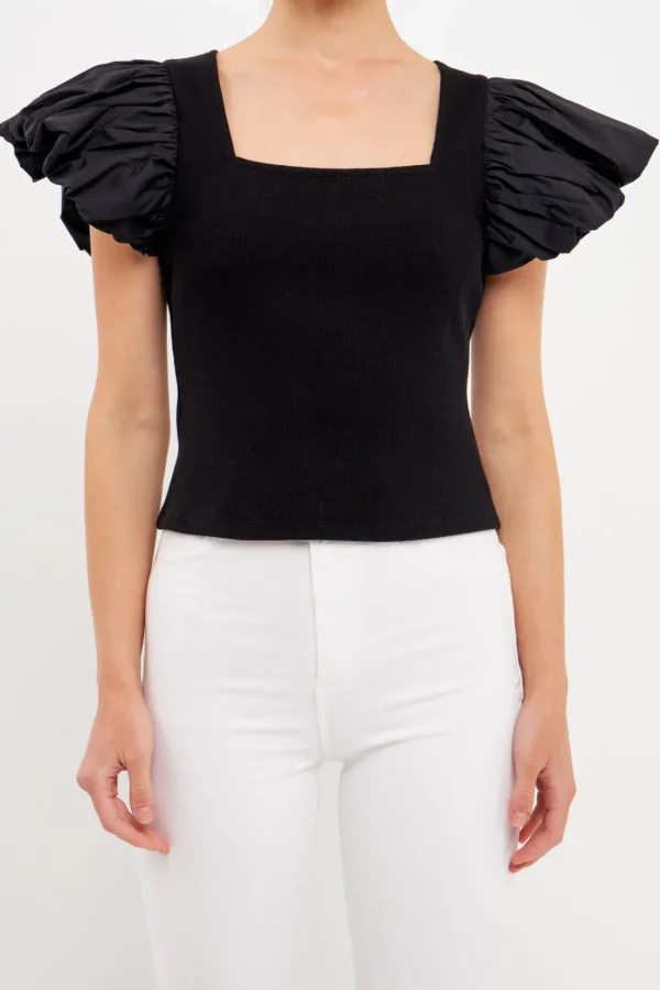 ENDLESS ROSE Sweaters & Knits*- Mixed Media Square Neckline Knit Top BLACK