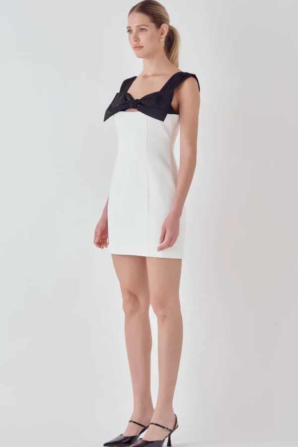 ENDLESS ROSE Tops*- Mixed Media Bow Mini Dress WHITE/BLACK