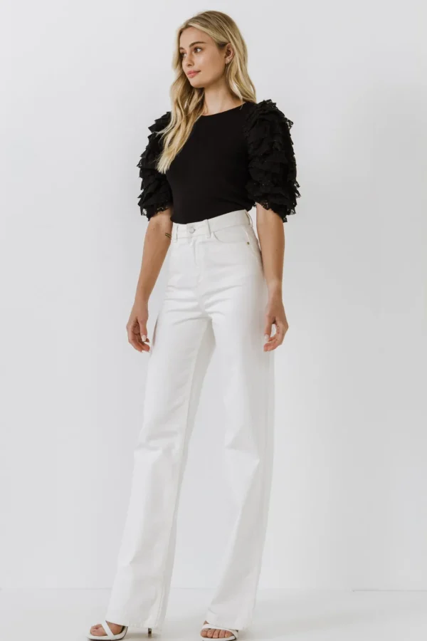 ENDLESS ROSE Tops*- Mixed Media Contrast Sleeve Top