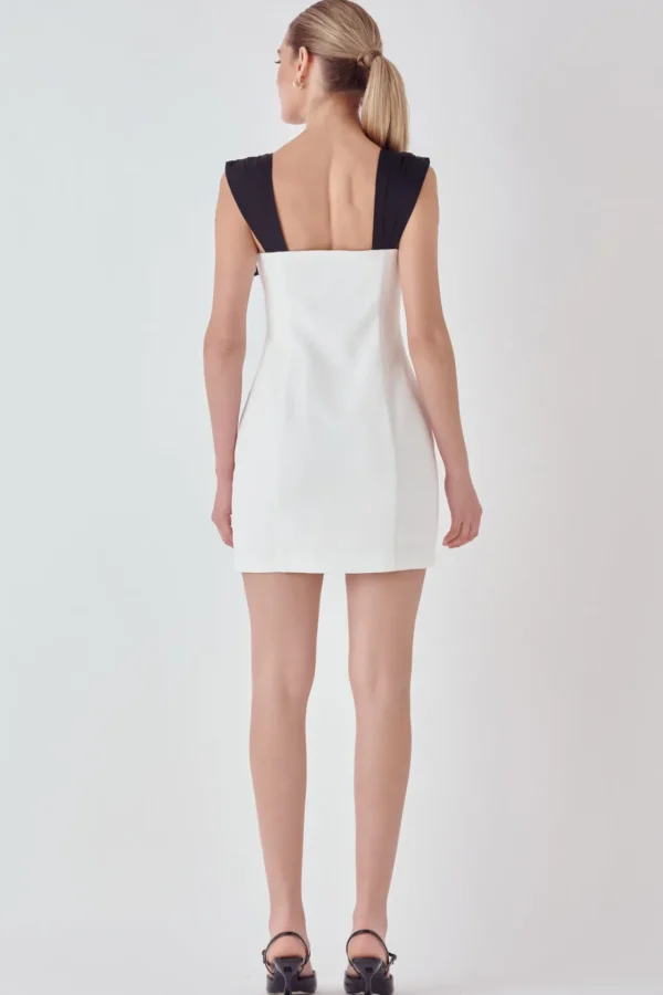 ENDLESS ROSE Tops*- Mixed Media Bow Mini Dress WHITE/BLACK