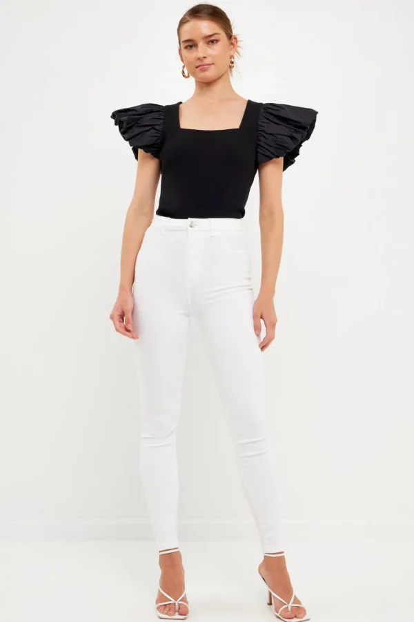 ENDLESS ROSE Sweaters & Knits*- Mixed Media Square Neckline Knit Top BLACK