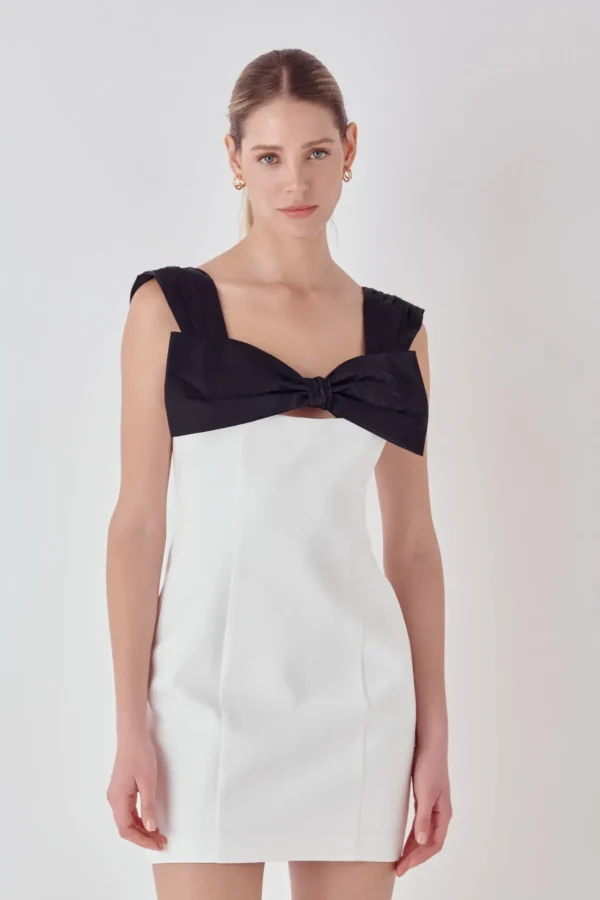 ENDLESS ROSE Tops*- Mixed Media Bow Mini Dress WHITE/BLACK