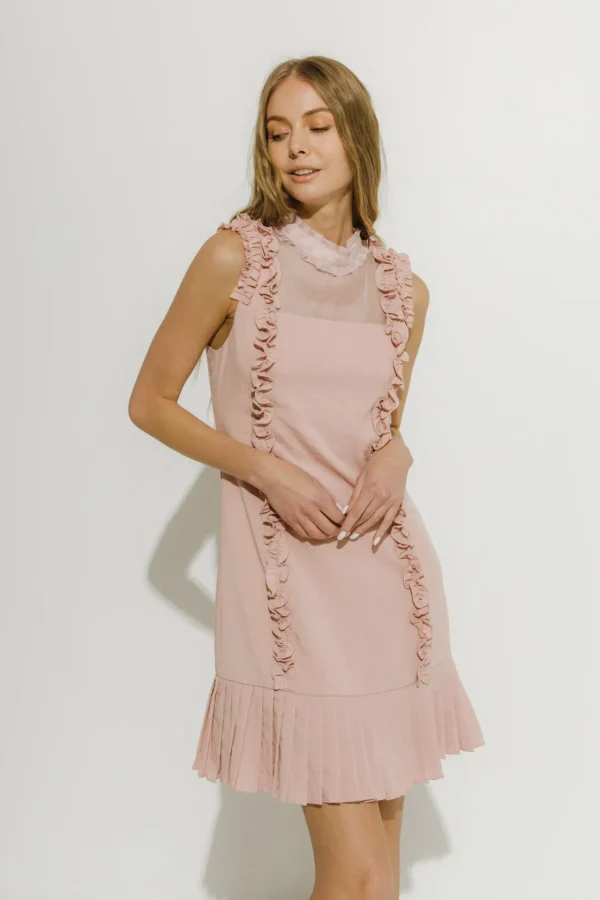 ENDLESS ROSE Tops*- Mixed Media A Line Dress with Ruffle Details POWDERPINK