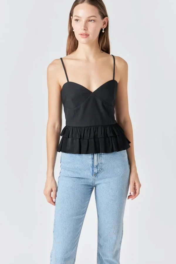 ENDLESS ROSE Tops*- Mixed Media Layered Top BLACK
