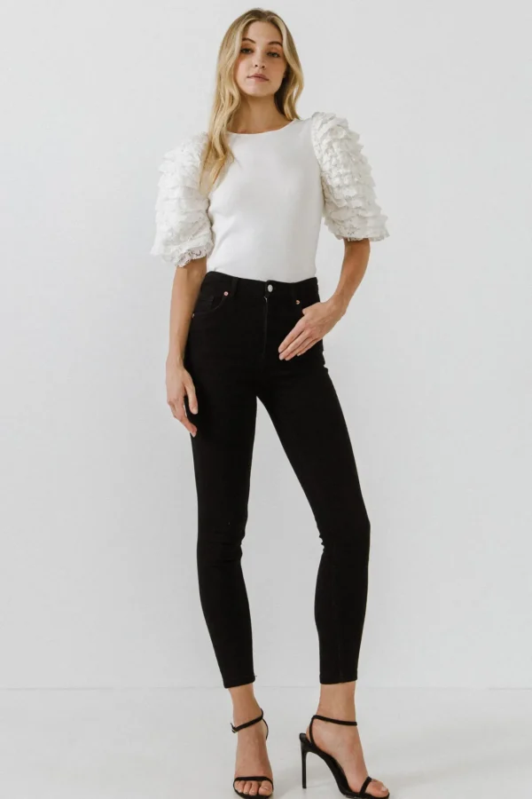 ENDLESS ROSE Tops*- Mixed Media Contrast Sleeve Top