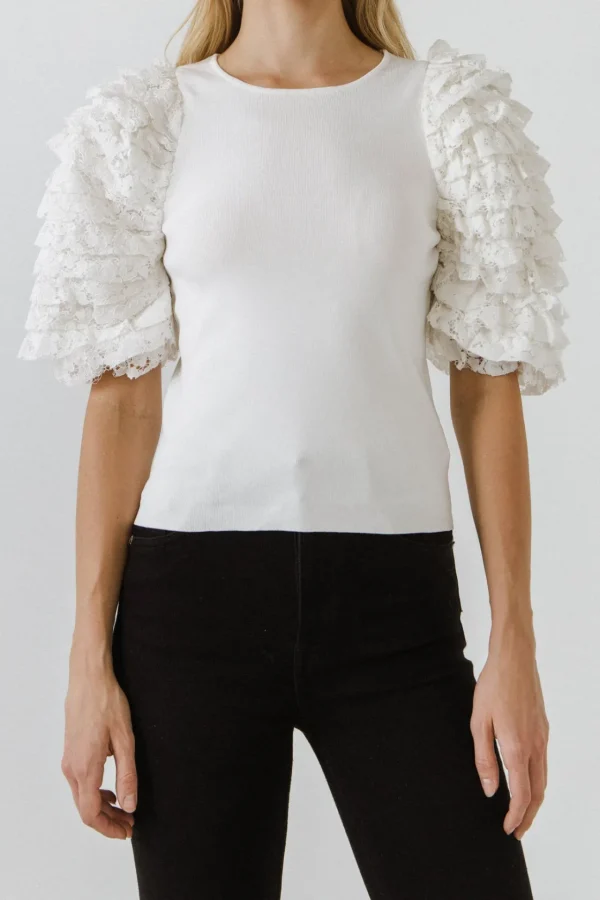 ENDLESS ROSE Tops*- Mixed Media Contrast Sleeve Top