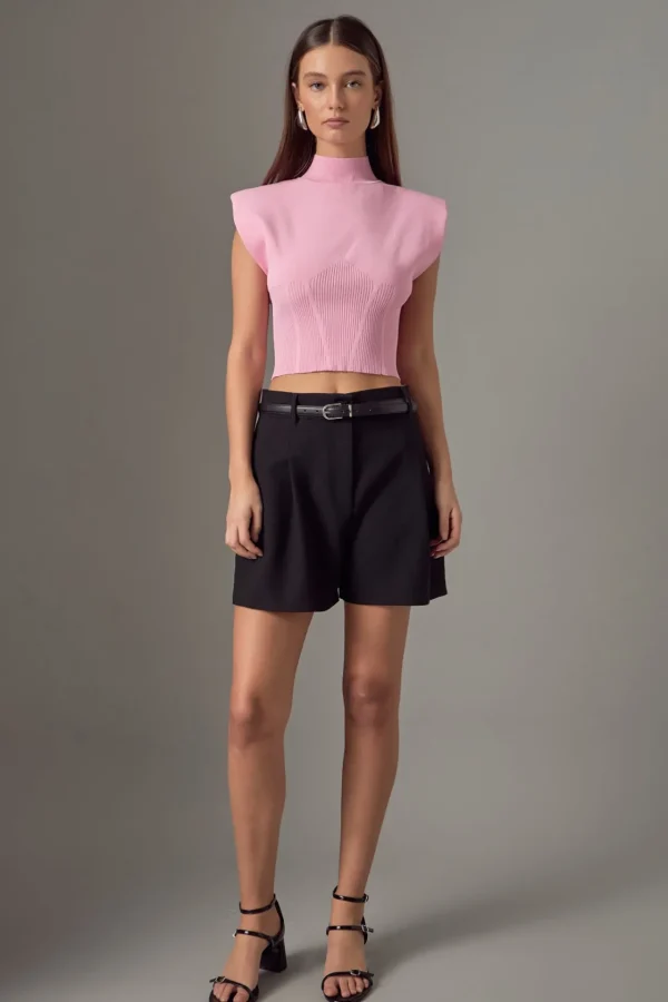 ENDLESS ROSE Tops*- Mock Neck Padded Knit Top