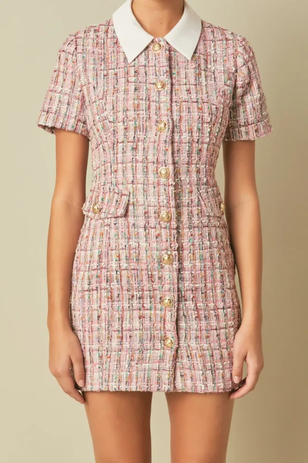 ENDLESS ROSE Tweed Dresses | Tops*- Multi Tweed Collared Short Sleeve Dress PINKMULTI