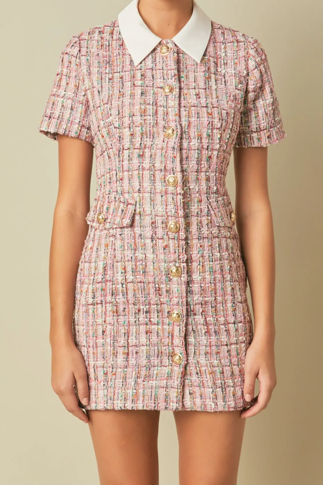 endless_rose__multi_tweed_0.webp ENDLESS ROSE Tweed Dresses | Tops*- Multi Tweed Collared Short Sleeve Dress PINKMULTI