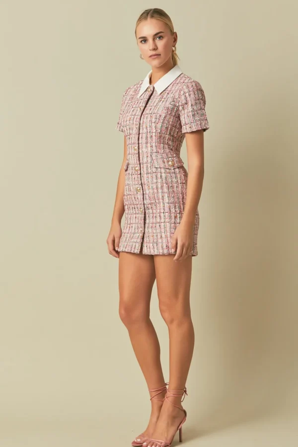 ENDLESS ROSE Tweed Dresses | Tops*- Multi Tweed Collared Short Sleeve Dress PINKMULTI