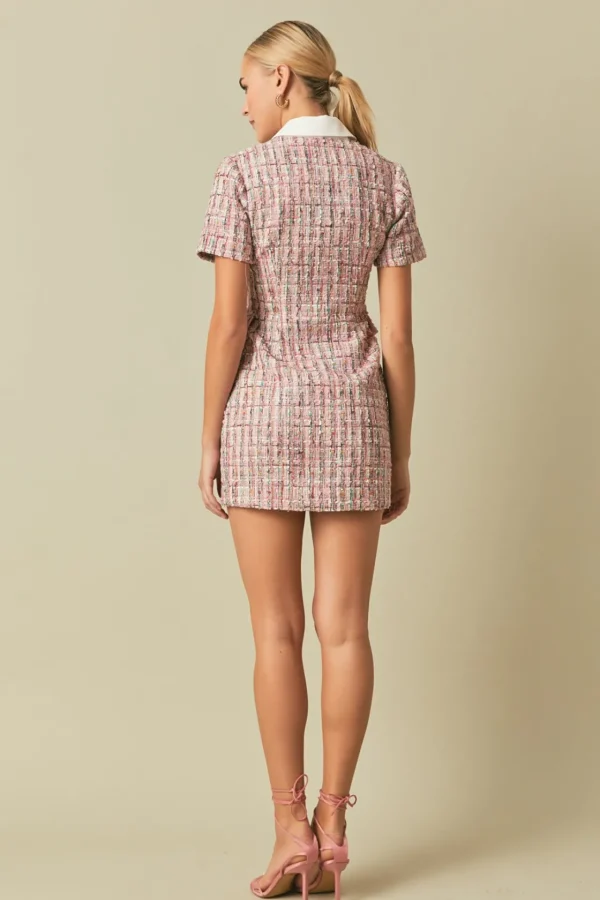 ENDLESS ROSE Tweed Dresses | Tops*- Multi Tweed Collared Short Sleeve Dress PINKMULTI