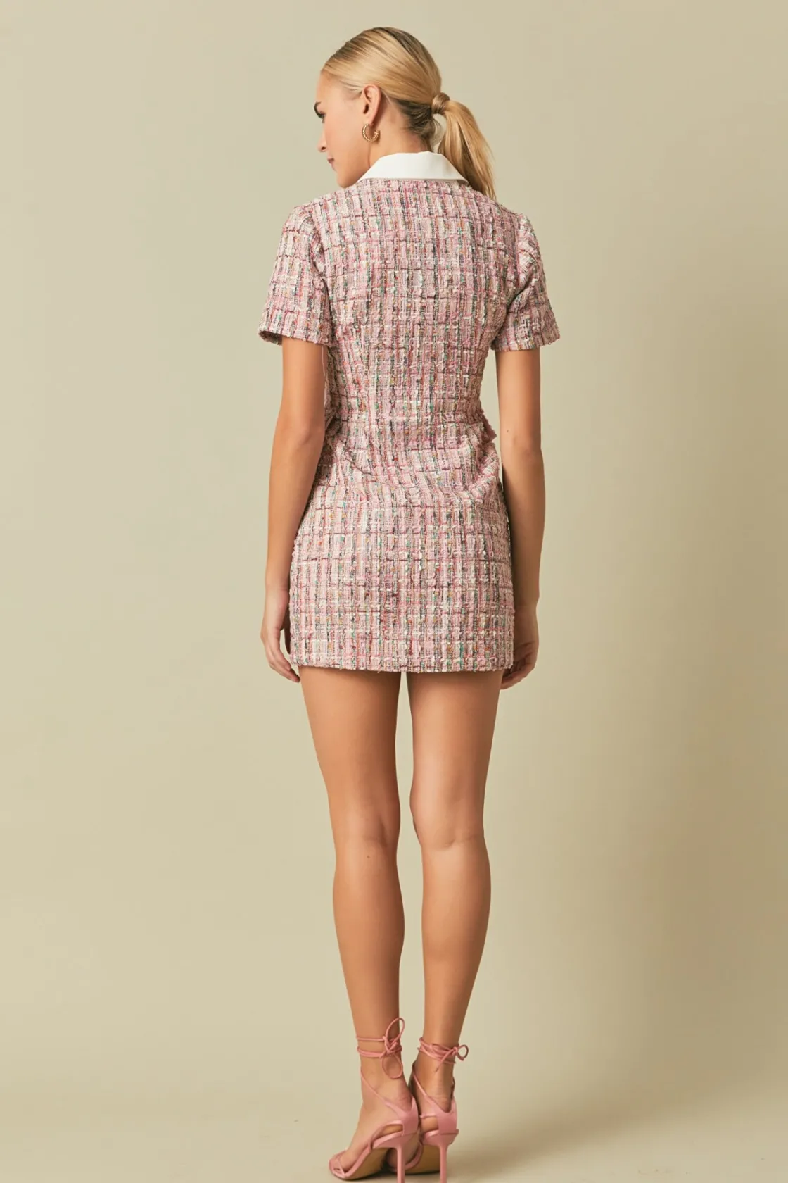 endless_rose__multi_tweed_2.webp ENDLESS ROSE Tweed Dresses | Tops*- Multi Tweed Collared Short Sleeve Dress PINKMULTI
