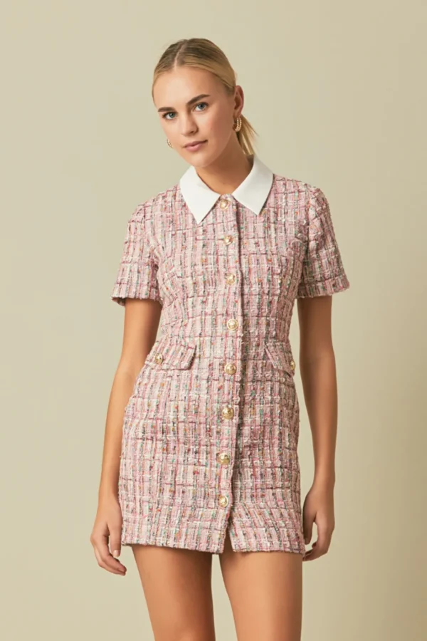 ENDLESS ROSE Tweed Dresses | Tops*- Multi Tweed Collared Short Sleeve Dress PINKMULTI
