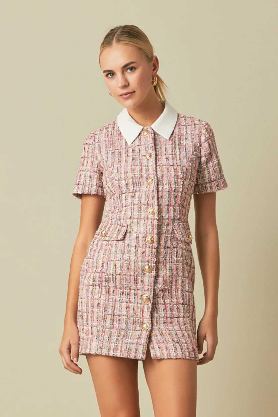 endless_rose__multi_tweed_3.webp ENDLESS ROSE Tweed Dresses | Tops*- Multi Tweed Collared Short Sleeve Dress PINKMULTI