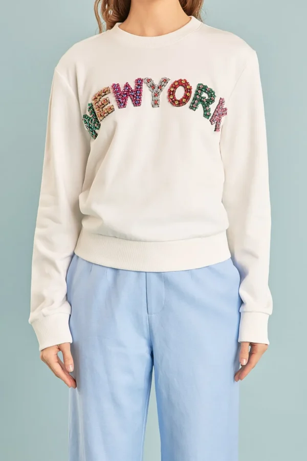 ENDLESS ROSE Tops*- New York Embellished Sweatshirt WHITE