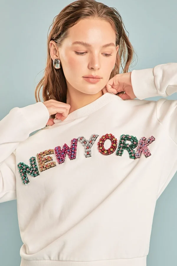 ENDLESS ROSE Tops*- New York Embellished Sweatshirt WHITE