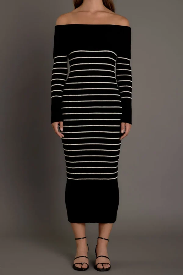 ENDLESS ROSE Sweaters & Knits | Tops*- Off Shoulder Fold Striped Maxi Dress BLACK/NUDE