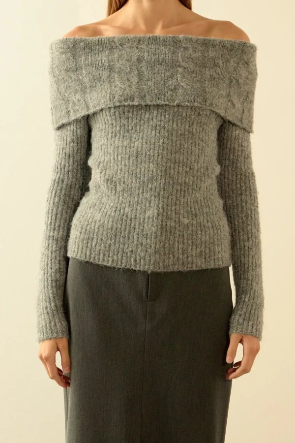 ENDLESS ROSE Sweaters & Knits | Tops*- Off Shoulder Cable Knit Sweater HEATHERGREY