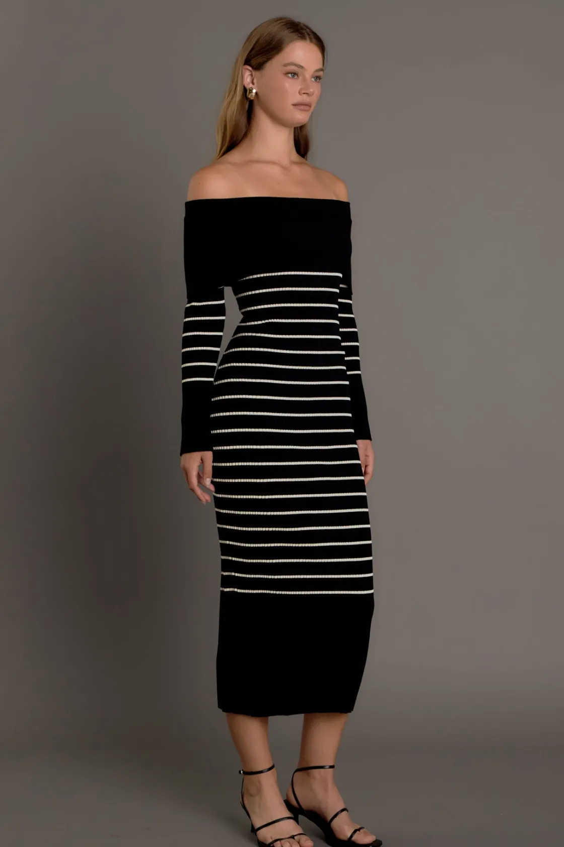 endless_rose__off_shoulde_1-2.webp ENDLESS ROSE Sweaters & Knits | Tops*- Off Shoulder Fold Striped Maxi Dress BLACK/NUDE