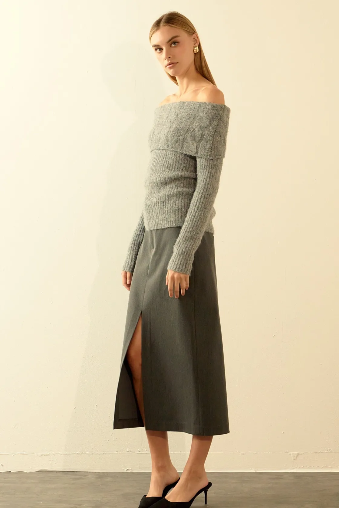 endless_rose__off_shoulde_1-4.webp ENDLESS ROSE Sweaters & Knits | Tops*- Off Shoulder Cable Knit Sweater HEATHERGREY