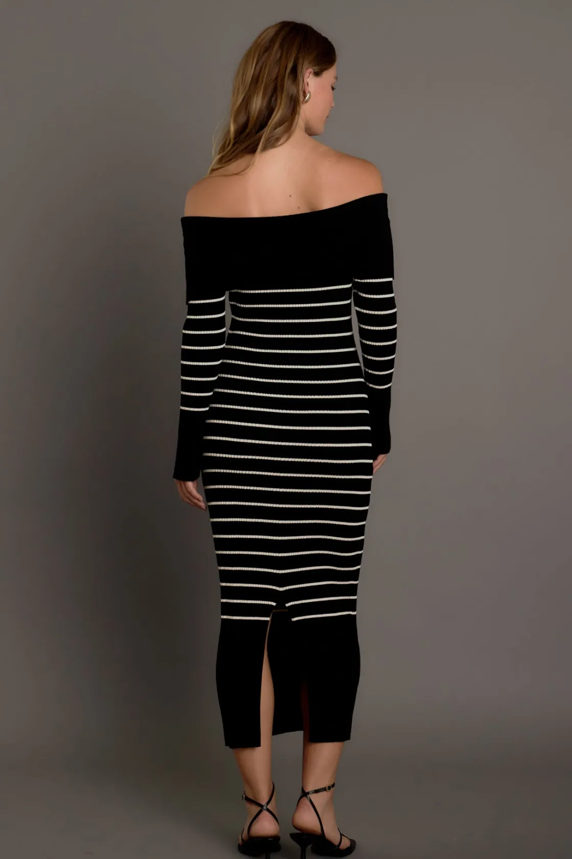 endless_rose__off_shoulde_2-2.webp ENDLESS ROSE Sweaters & Knits | Tops*- Off Shoulder Fold Striped Maxi Dress BLACK/NUDE