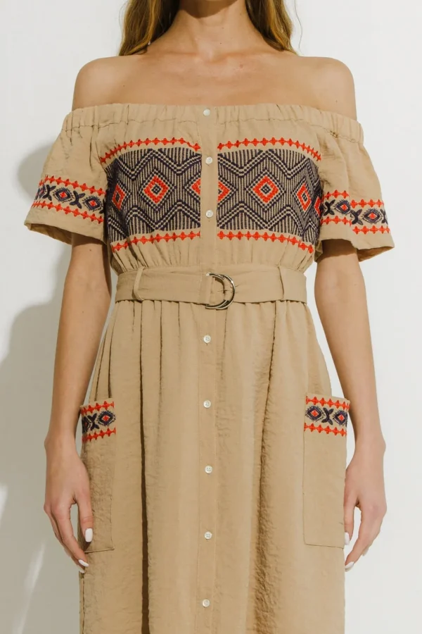ENDLESS ROSE Tops*- Off the Shoulder Embroidered Dress BEIGE