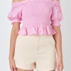 ENDLESS ROSE Tops*- Off The Shoulder Smocked Crop Top PINK