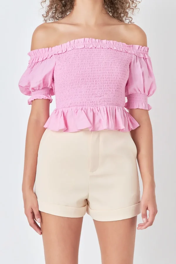 ENDLESS ROSE Tops*- Off The Shoulder Smocked Crop Top PINK