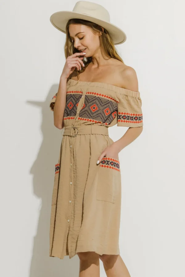 ENDLESS ROSE Tops*- Off the Shoulder Embroidered Dress BEIGE