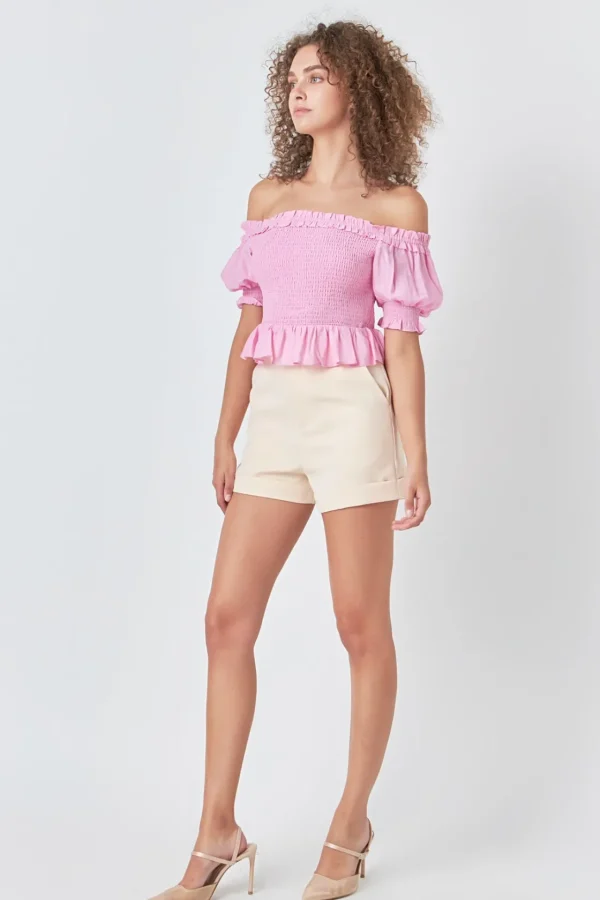 ENDLESS ROSE Tops*- Off The Shoulder Smocked Crop Top PINK