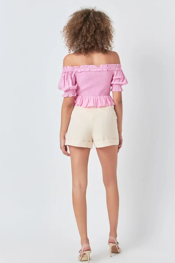 ENDLESS ROSE Tops*- Off The Shoulder Smocked Crop Top PINK