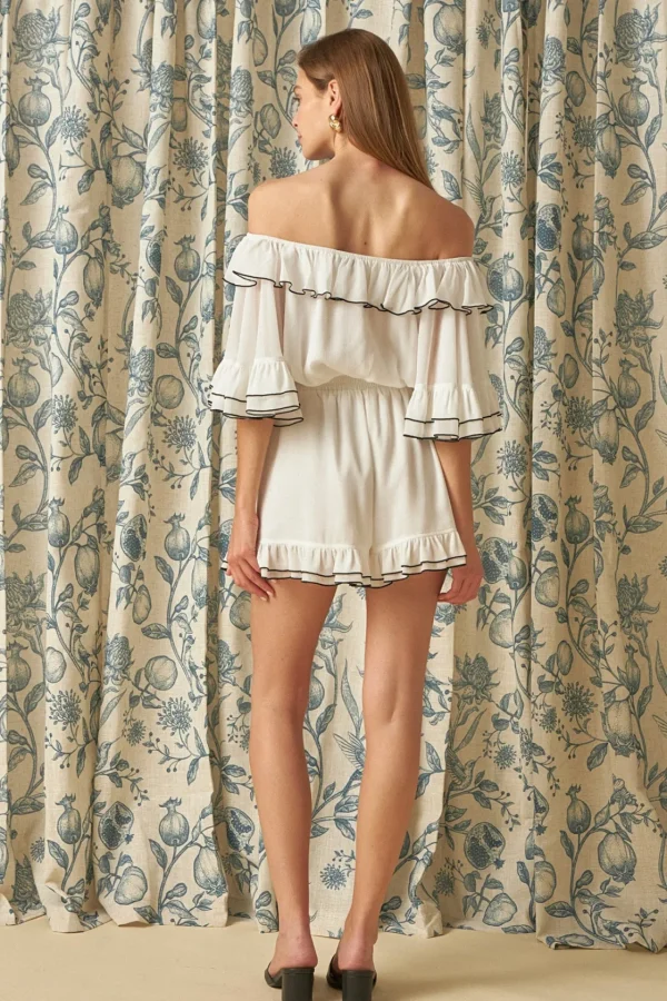 ENDLESS ROSE Tops*- Off The Shoulder Ruffled Romper Sheer Sleeves WHITE/BLACK