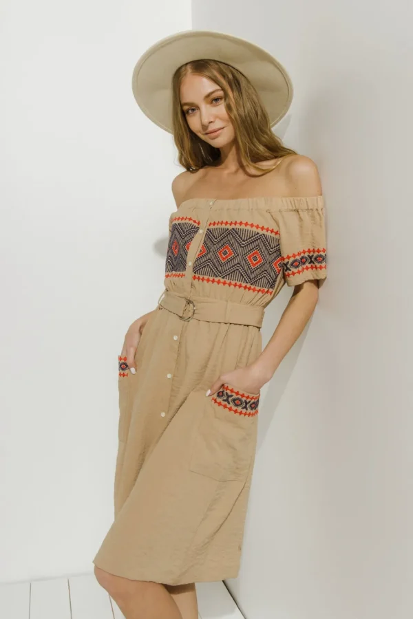 ENDLESS ROSE Tops*- Off the Shoulder Embroidered Dress BEIGE