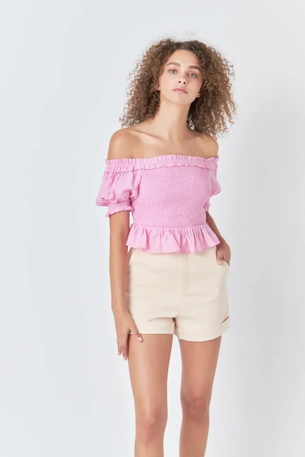 ENDLESS ROSE Tops*- Off The Shoulder Smocked Crop Top PINK