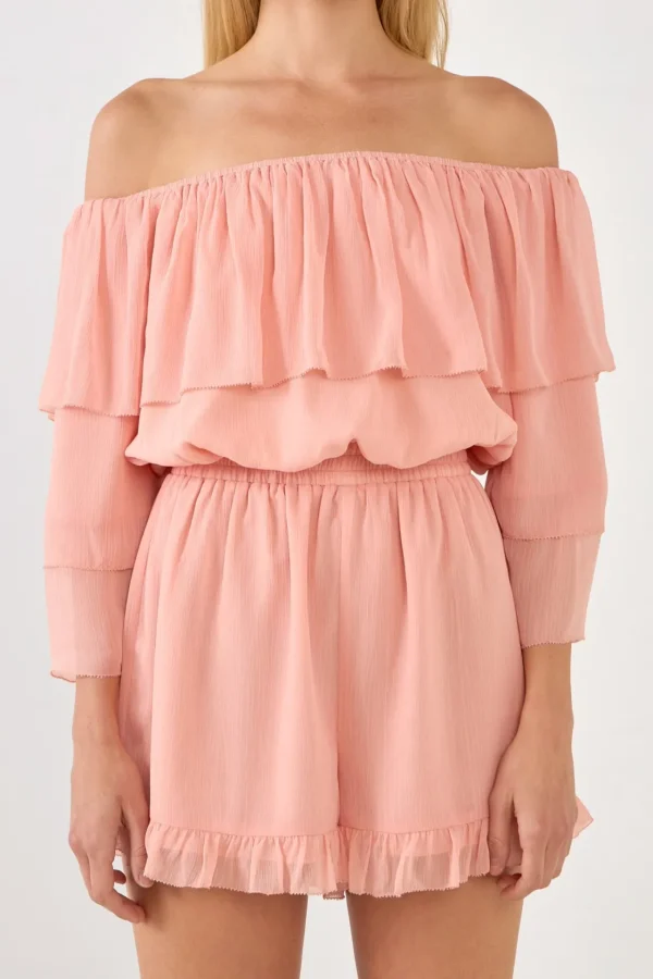 ENDLESS ROSE Tops*- Off-shouldered Romper with Stitch Detail BLUSH