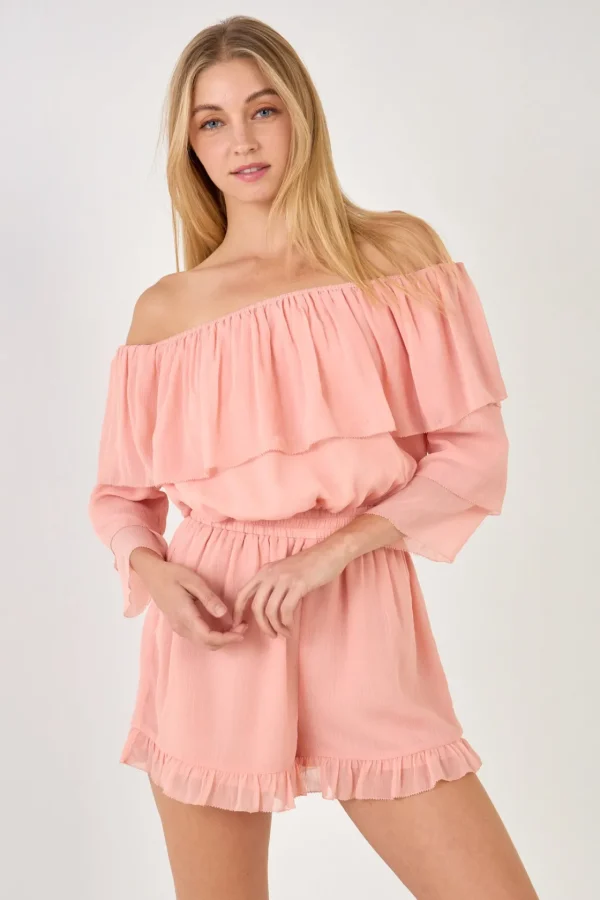 ENDLESS ROSE Tops*- Off-shouldered Romper with Stitch Detail BLUSH